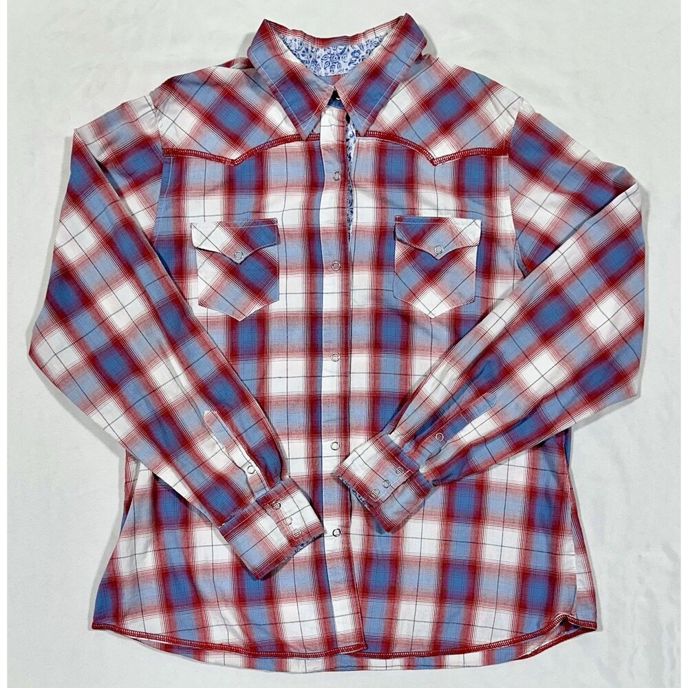 Roper Western Shirt Women’s XL Red Blue Plaid Paisley Snap Long Sleeve Cotton